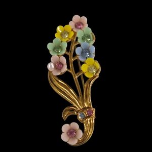 MCM Vintage 1940's Rhinestone & Goldtone Floral Brooch Pastels